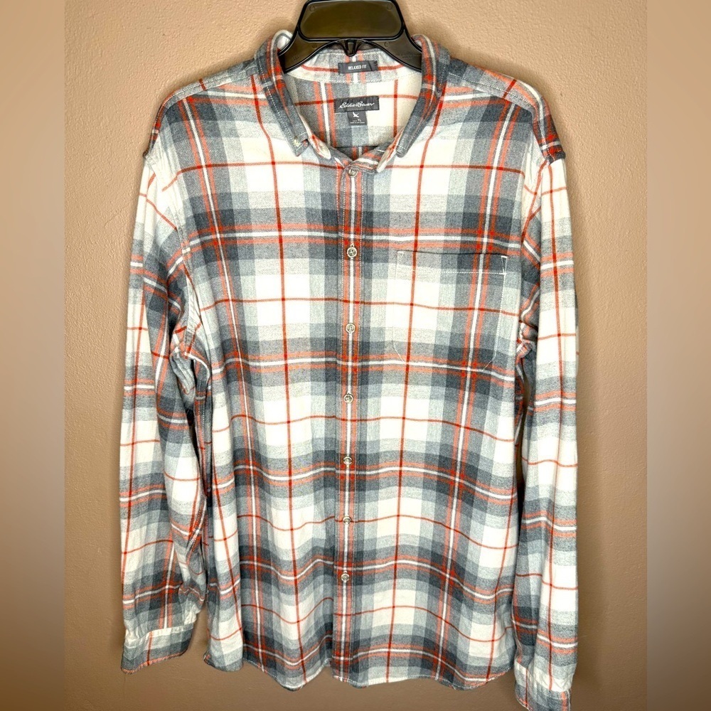 Eddie Bauer Gray and Orange Plaid Flannel Button Down Shirt Men’s Sz Large-Tall